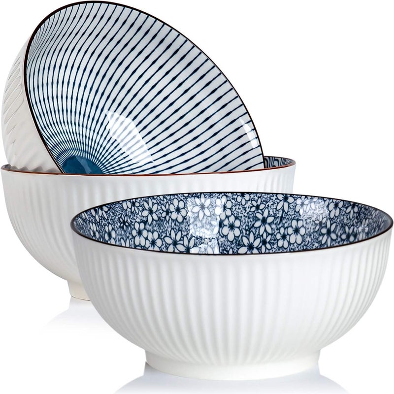 QINLANG 60 oz Large Soup Bowl Pho Bowls Japanese Ramen Bowls Set of 3 8 in Blue and White Porcelain Big Bowls for Eating  3 Mixing Patterns - Image 1