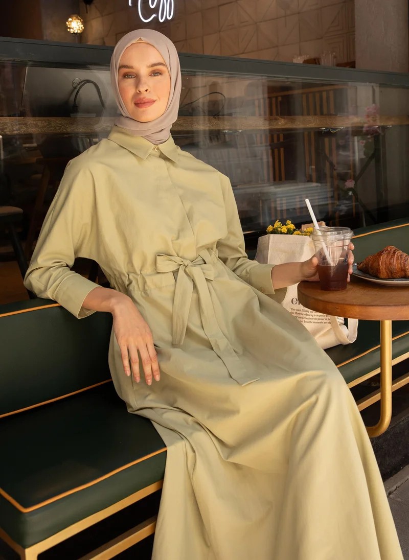 رفقة من مودانيسا Half-Button Belted Poplin Dress - Olive Green - Refka