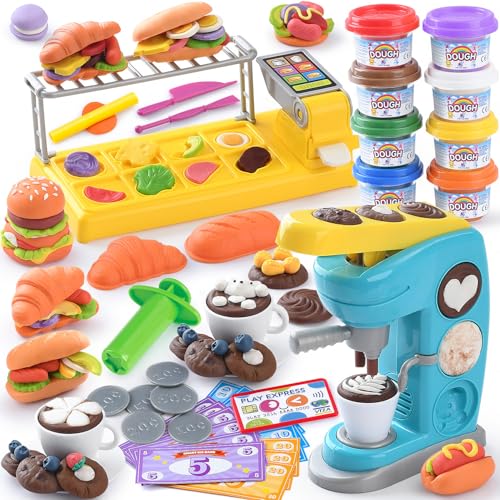 PLAY Color Dough Sets for Kids 24 48 Play Kitchen Creation Cafe Dough Toy Sets Color Dough Tools Coffee Maker Set Dough Arts and Crafts Clay for Girls Boys 8 Cans of Modeling Compound - Image 1