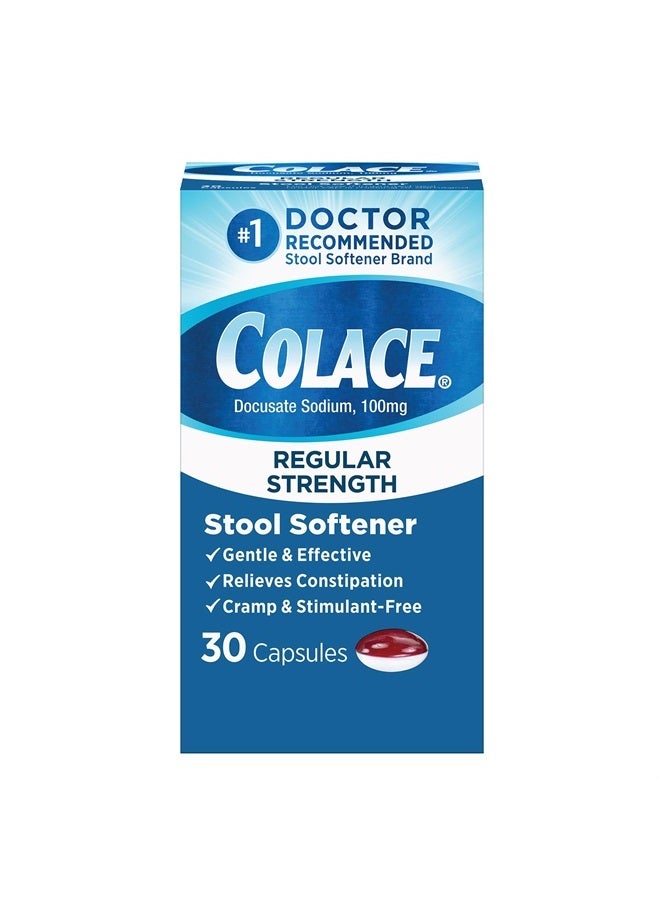 COLACE Regular Strength Stool Softener for Gentle Effective Constipation Relief, 1 Doctor Recommended Stool Softener Brand, 100 mg Docusate Capsules, 30 Count - Image 1