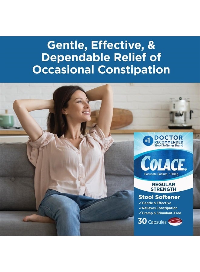 COLACE Regular Strength Stool Softener for Gentle Effective Constipation Relief, 1 Doctor Recommended Stool Softener Brand, 100 mg Docusate Capsules, 30 Count - Image 3