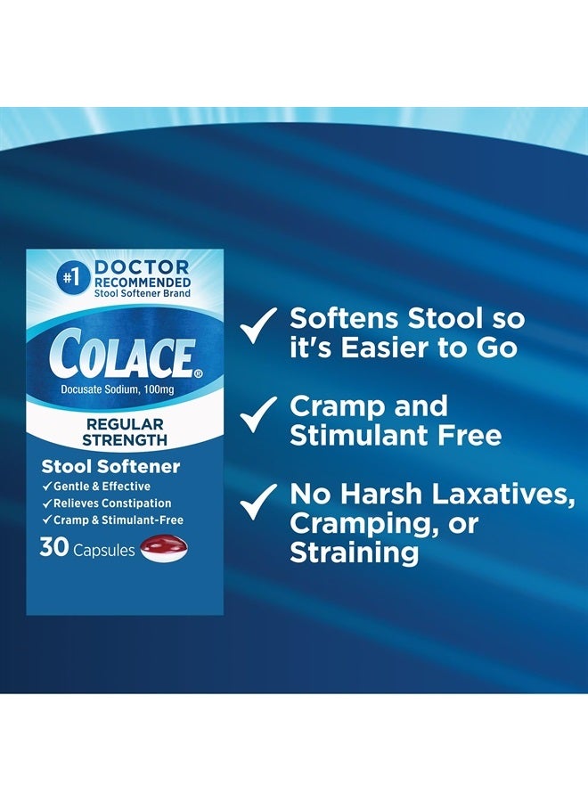 COLACE Regular Strength Stool Softener for Gentle Effective Constipation Relief, 1 Doctor Recommended Stool Softener Brand, 100 mg Docusate Capsules, 30 Count - Image 5