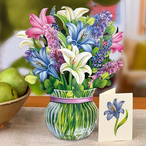 Freshcut Paper Pop Up Cards, Lilies & Lupines, 12 Inch Life Sized Forever Flower Bouquet 3D Popup Greeting Card, Birthday Cards, Get Well Gifts, Blank Notecard & Envelope - Image 2