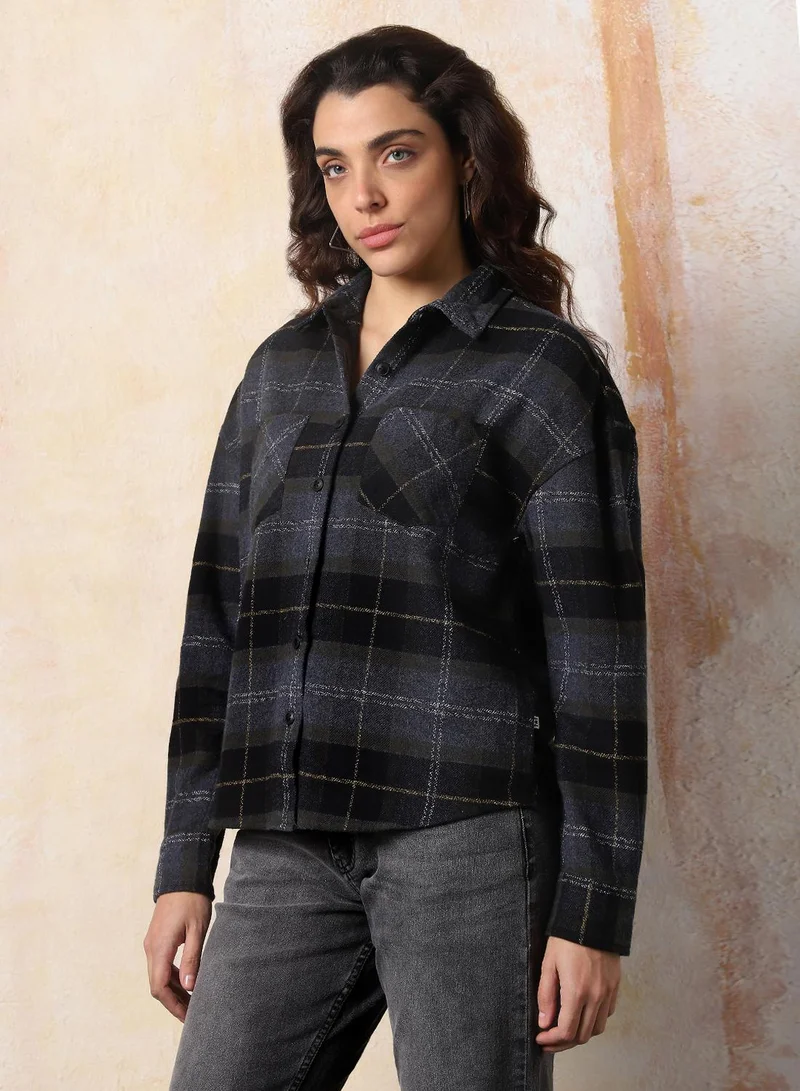 HIGH STAR Women Comfort Relaxed Fit Spread Collar Buffalo Checked Cotton Casual Shirt