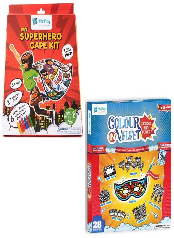 PepPlay Superhero Combo for Boys, Colour-in Velvet Heroes and Power + My Superhero Cape Kit, DIY Mess-Free Art and Craft Activity, Summer, Reusable Travel Toy, Birthday Return Gift for Age 3 to 10