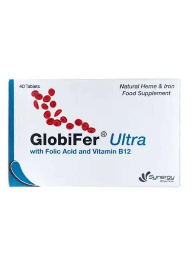 GlobiFer Ultra Natural Heme & Iron Food Supplement with Folic Acid & Vitamin B12, 40 Tablets
