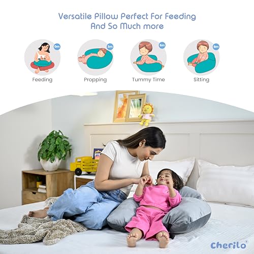 Cherilo Feeding Pillow for New Born Baby | Plus Size Breast Feeding Pillow & Bottle Feeding Support Pillows with Safety Fence Design | Adjustable Waist Belt | Soft Removable Velvet Cover – Grey - Image 5
