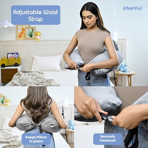 Cherilo Feeding Pillow for New Born Baby | Plus Size Breast Feeding Pillow & Bottle Feeding Support Pillows with Safety Fence Design | Adjustable Waist Belt | Soft Removable Velvet Cover – Grey - Image 3