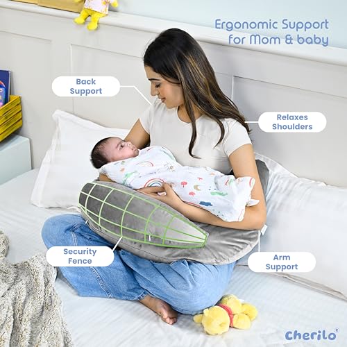 Cherilo Feeding Pillow for New Born Baby | Plus Size Breast Feeding Pillow & Bottle Feeding Support Pillows with Safety Fence Design | Adjustable Waist Belt | Soft Removable Velvet Cover – Grey - Image 2