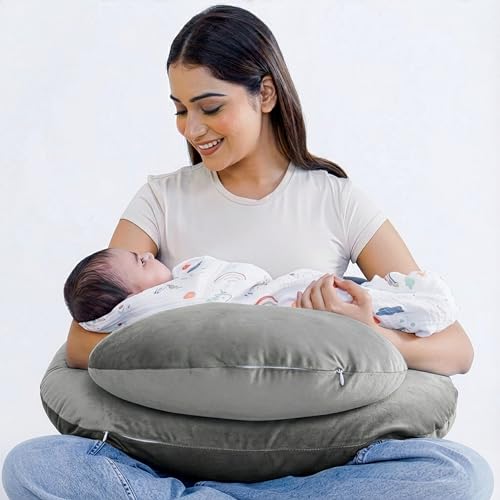 Cherilo Feeding Pillow for New Born Baby | Plus Size Breast Feeding Pillow & Bottle Feeding Support Pillows with Safety Fence Design | Adjustable Waist Belt | Soft Removable Velvet Cover – Grey - Image 1