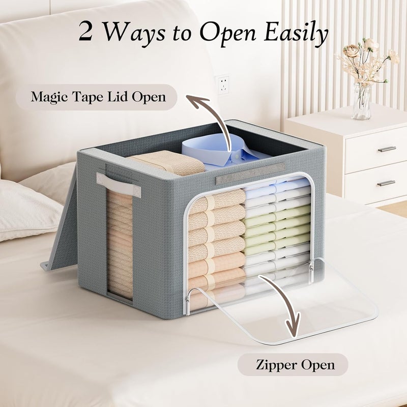 Yecaye Large Clothes Storage Bins with Metal Frame, Foldable Clothing Storage Bin with Lid, Stackable Oxford Fabric Organizer Box With Clear Window & Zippers & PU Leather Handles (3 Pack, Grey, 66L) - Image 3