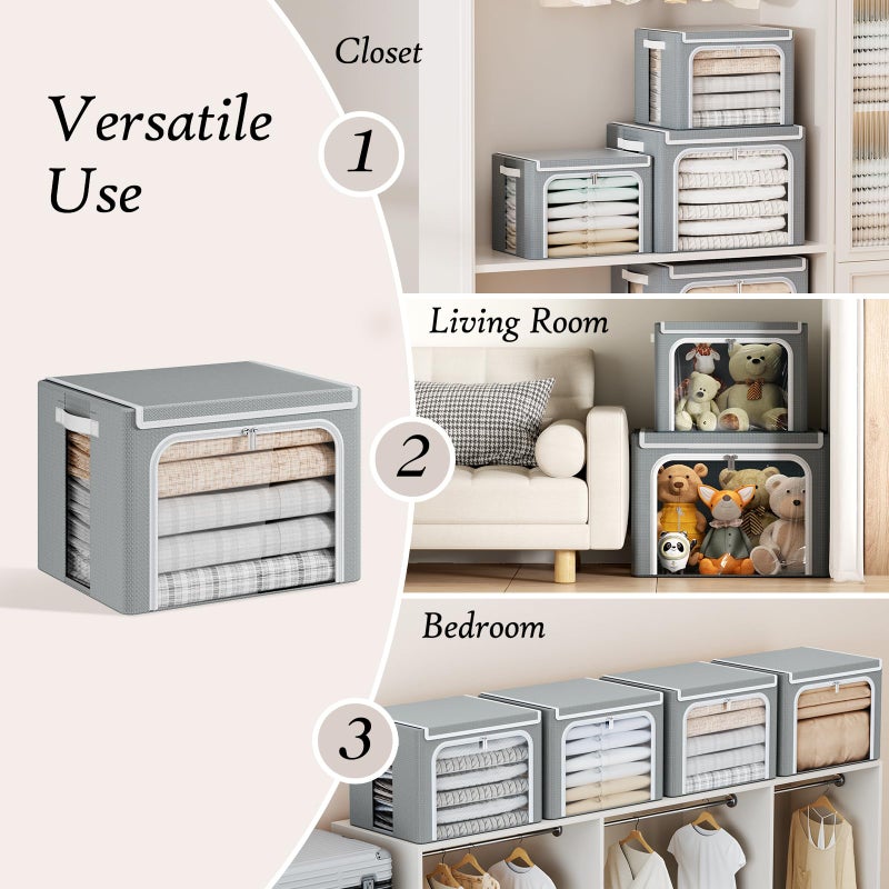 Yecaye Large Clothes Storage Bins with Metal Frame, Foldable Clothing Storage Bin with Lid, Stackable Oxford Fabric Organizer Box With Clear Window & Zippers & PU Leather Handles (3 Pack, Grey, 66L) - Image 4