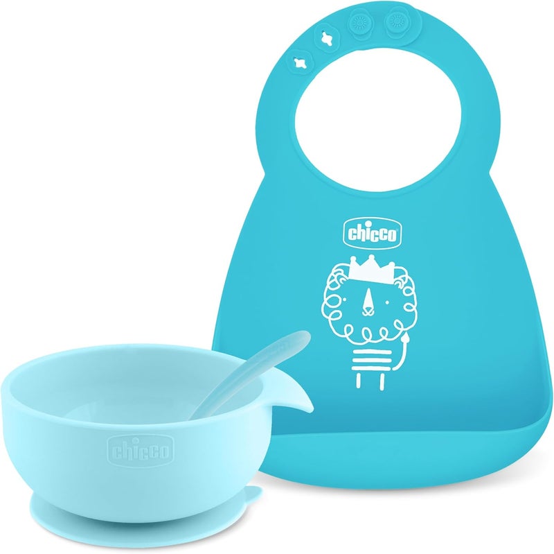 Chicco طقم تغذية سيكو إيزي ستارت من سيكو | أطباق للتغذية الذاتية للأطفال | وعاء شفط | مريلة سيليكون قابلة للتعديل | ملعقة سيليكون ناعمة | خالية من BPA | طقم مكون من 3 قطع | 6 أشهر وما فوق | لون أزرق مائل إلى الأخضر - Image 1