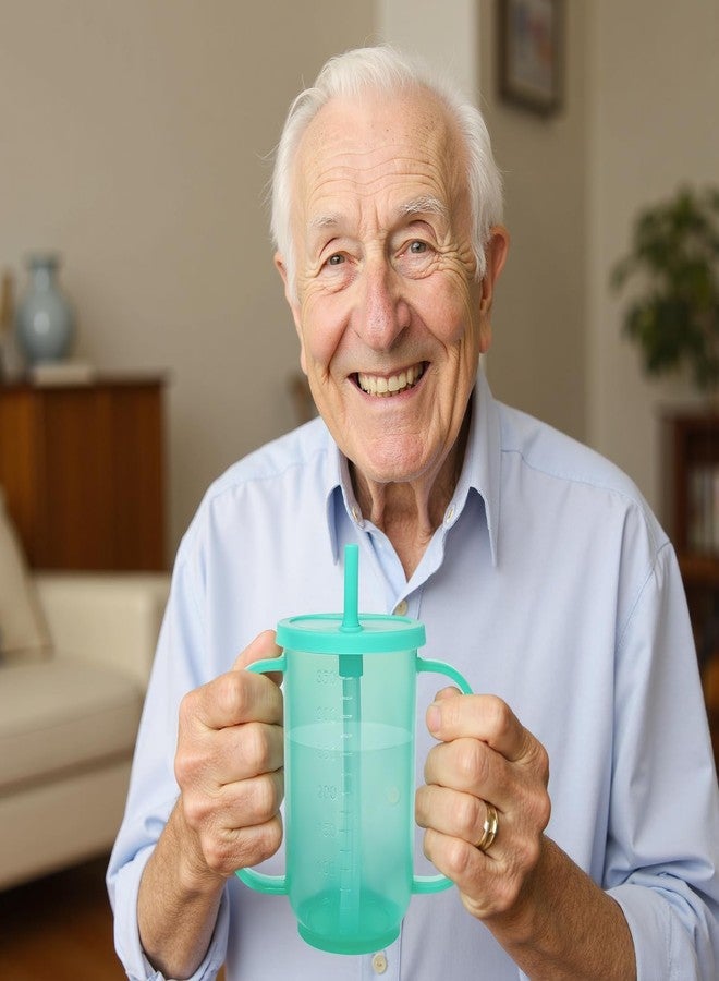 ACUDUDOMA Adult Sippy Cups for Elderly, 12oz Spill Proof Cup with 2 Handles Plastic Elderly Sippy Cup with Straw and Lid, Suitable for for Seniors and Adults, Great for Water, Milk, and Soup - Image 1