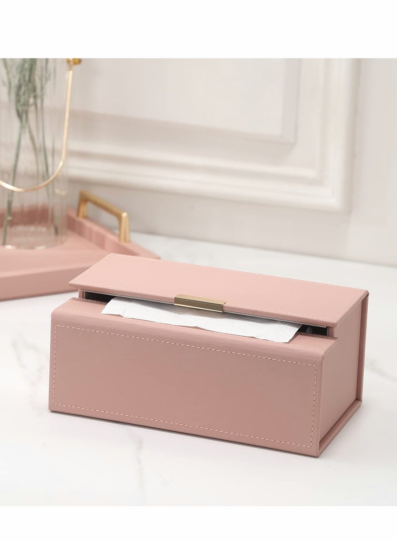 Tissue Box Holder, Modern PU Leather Rectangular Cover, Decorative Organizer for Bathroom Vanity Countertop, Night Stands, Office, Pink