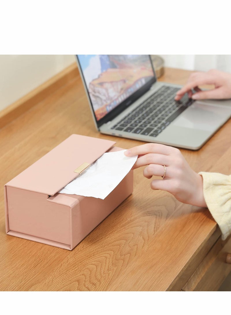 Tissue Box Holder, Modern PU Leather Rectangular Cover, Decorative Organizer for Bathroom Vanity Countertop, Night Stands, Office, Pink