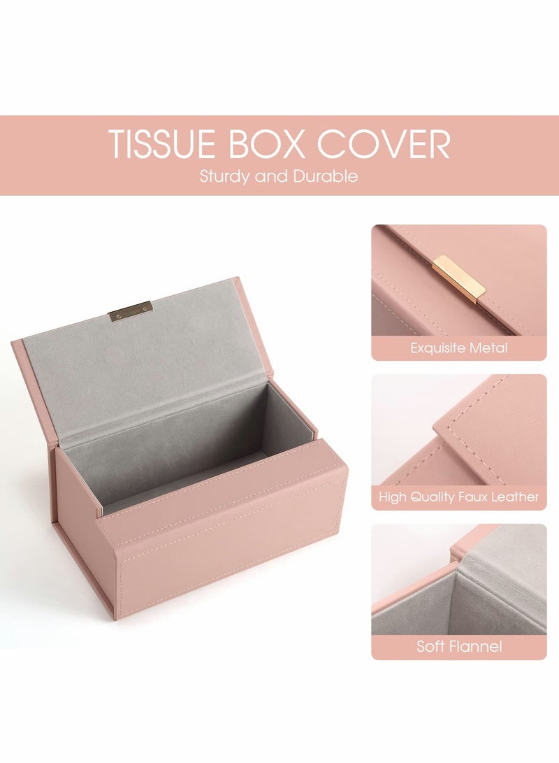 Tissue Box Holder, Modern PU Leather Rectangular Cover, Decorative Organizer for Bathroom Vanity Countertop, Night Stands, Office, Pink