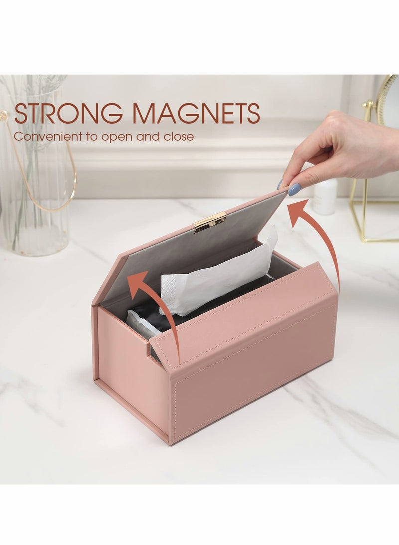 Tissue Box Holder, Modern PU Leather Rectangular Cover, Decorative Organizer for Bathroom Vanity Countertop, Night Stands, Office, Pink
