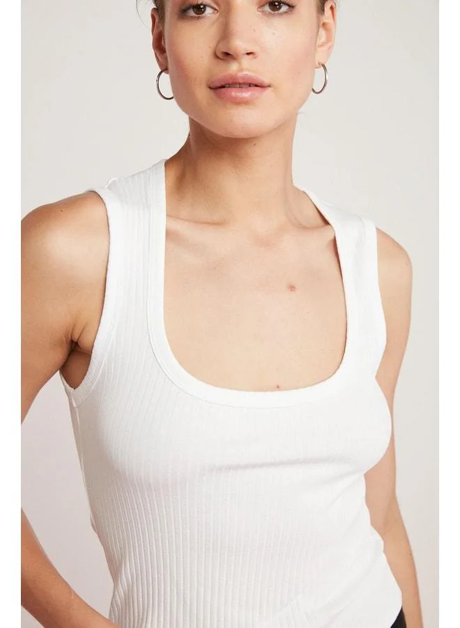 Ethiquet Bıana Women's 100% Cotton Ribbed-Style Body-Fitting Thick-Strap Round Neck White Tank Top.