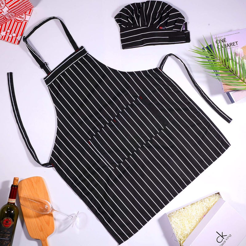 Satinior SATINIOR 2 Pcs Chef Costume for Women Men Chef Hat Apron Set for Adult Baker Apron Hat for Cooking Cosplay(White  Black Stripe Style)  - Image 4