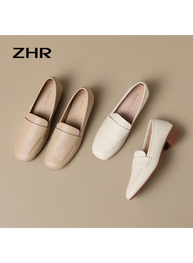 Zhr Women's Single Shoes Solid Color Mid-top Chunky Heel Women's Shoes Lightweight Comfortable Soft Bottom Loafers Women Ah356 Beige 37 - Image 4
