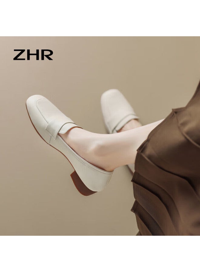 Zhr Women's Single Shoes Solid Color Mid-top Chunky Heel Women's Shoes Lightweight Comfortable Soft Bottom Loafers Women Ah356 Beige 37 - Image 3