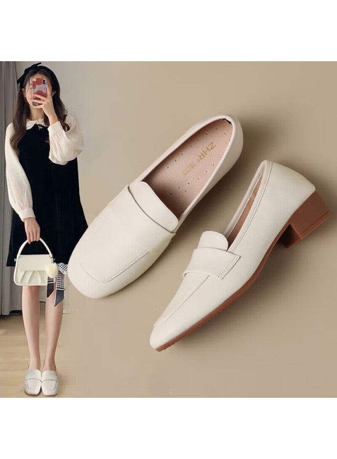 Zhr Women's Single Shoes Solid Color Mid-top Chunky Heel Women's Shoes Lightweight Comfortable Soft Bottom Loafers Women Ah356 Beige 37 - Image 1