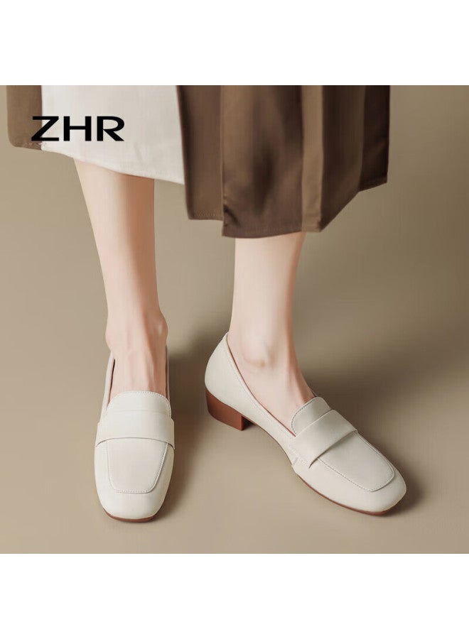 Zhr Women's Single Shoes Solid Color Mid-top Chunky Heel Women's Shoes Lightweight Comfortable Soft Bottom Loafers Women Ah356 Beige 37 - Image 2