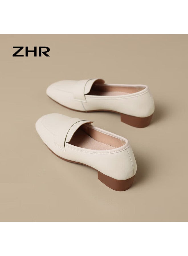 Zhr Women's Single Shoes Solid Color Mid-top Chunky Heel Women's Shoes Lightweight Comfortable Soft Bottom Loafers Women Ah356 Beige 37 - Image 5
