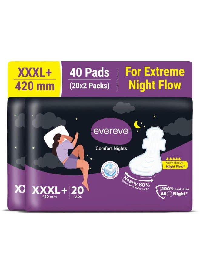 عشية أي وقت مضى فوط صحية Evereve Comfort Nights بمقاس XXXL+ وطول 420 مم؛ تتميز بطول أكبر بنسبة 80% وجزء خلفي أعرض لتوفير حماية طوال الليل، وقدرة عالية جداً على امتصاص التدفق الغزير ليلاً، وحماية من التسرب تصل إلى 100%، مع توفير راحة تامة بفضل تصميمها جيد التهوية الذي يقي من الطفح الجلدي؛ العبوة تحتوي على 20 × 2 فوطة. - Image 1