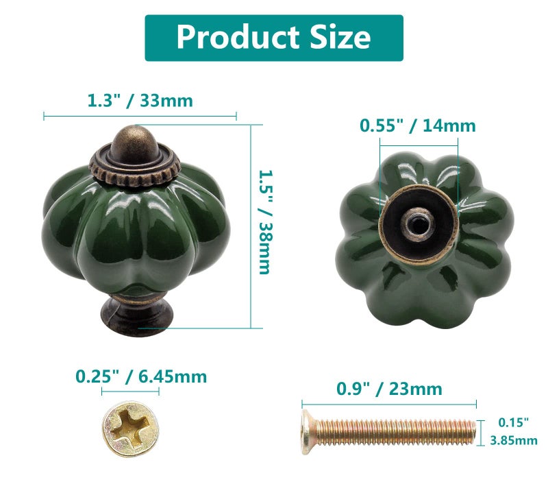 Seimneire 25pcs Dark Green Pumpkin Knobs, Vintage Ceramic Cabinet Handles, Dresser Drawer Door Pulls With Mounting Screws - Image 5