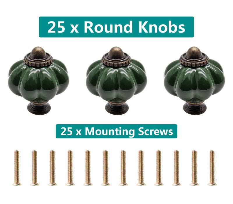 Seimneire 25pcs Dark Green Pumpkin Knobs, Vintage Ceramic Cabinet Handles, Dresser Drawer Door Pulls With Mounting Screws - Image 2