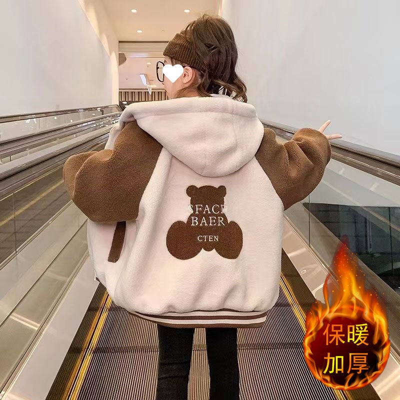 Girls' Fleece-Lined Warm Jacket Clothing Korean Style Western Style Medium And Large Children'S Clothing Embroidered Bear Thickened Lamb Velvet Sweatshirt - Image 1