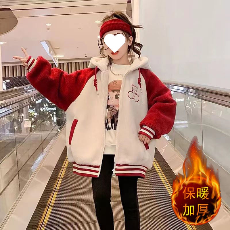 Girls' Fleece-Lined Warm Jacket Clothing Korean Style Western Style Medium And Large Children'S Clothing Embroidered Bear Thickened Lamb Velvet Sweatshirt - Image 3
