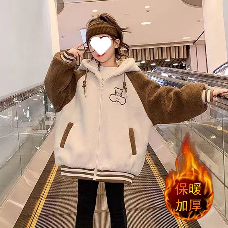 Girls' Fleece-Lined Warm Jacket Clothing Korean Style Western Style Medium And Large Children'S Clothing Embroidered Bear Thickened Lamb Velvet Sweatshirt - Image 4