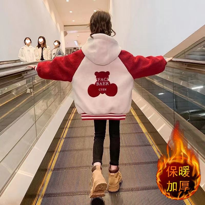 Girls' Fleece-Lined Warm Jacket Clothing Korean Style Western Style Medium And Large Children'S Clothing Embroidered Bear Thickened Lamb Velvet Sweatshirt - Image 5