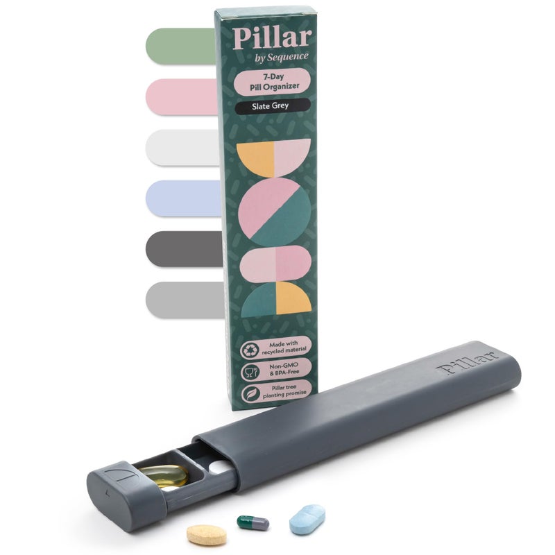 SEQUENCE Pillar - 7-Day Pill Organizer | Weekly Medicine Pill Container Travel Box - Aesthetic Medication Holder - Stylish Travel Pill Case - Cute Small Medication Organizer 7 Day for Women (Slate Grey) - Image 1
