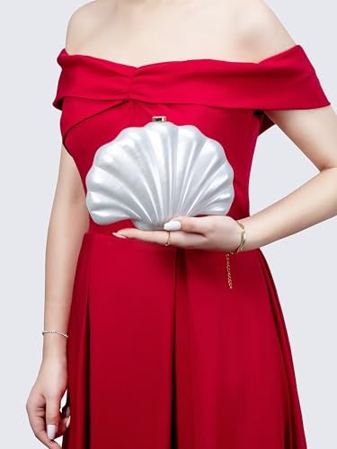 YJKIS Women Pearl Acrylic Clutch Shell Pearl Clutch Shell Purse Chain Shoulder Bag Ladies Wedding Prom Evening Handbag, White - Image 2