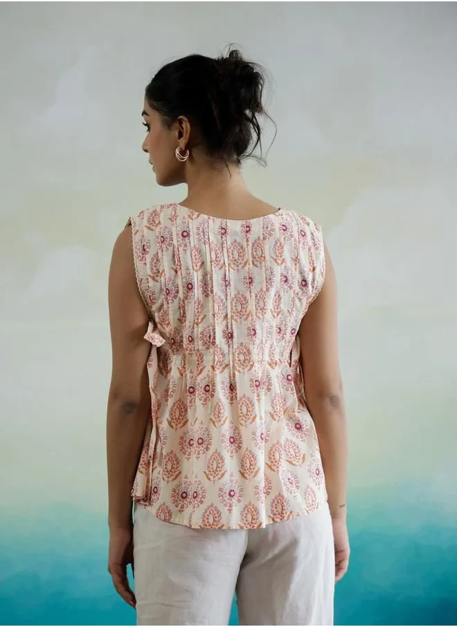 سانسكريتي هومز Floral Print Sleeveless Cotton Top with Side Tie-Up Detail