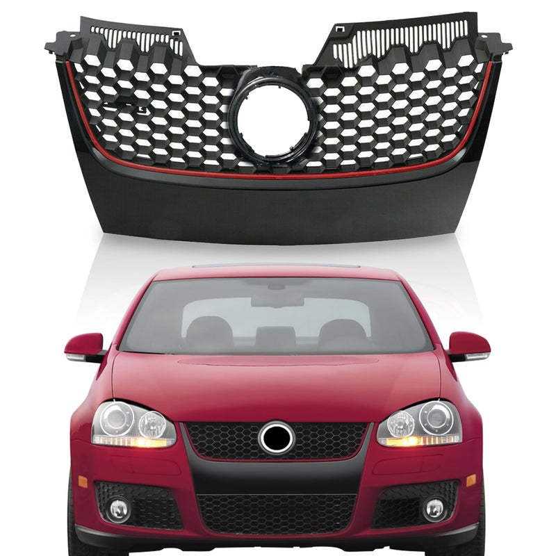 Partsflow Front Upper Main Matte Black WRed Trim Mesh Grille For 2006 2007 2008 2009 Volkswagen VW GTI For 2006 2007 2008 2009 Volkswagen VW Mk5 Jetta