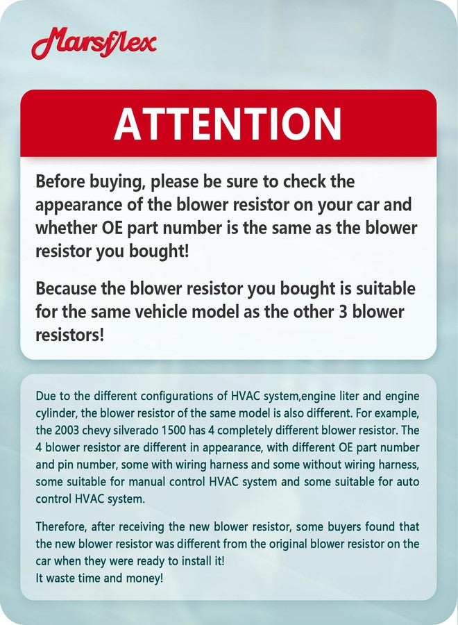 Marsflex Blower Motor Resistor 22807122 1999 2000 2001 2002 2003 2004 2005 2006 for Chevy Avalanche Silverado Suburban Tahoe, for GMC Sierra Yukon, OE: 973-409 89019089 15-81087 Manual AC Control - Image 2