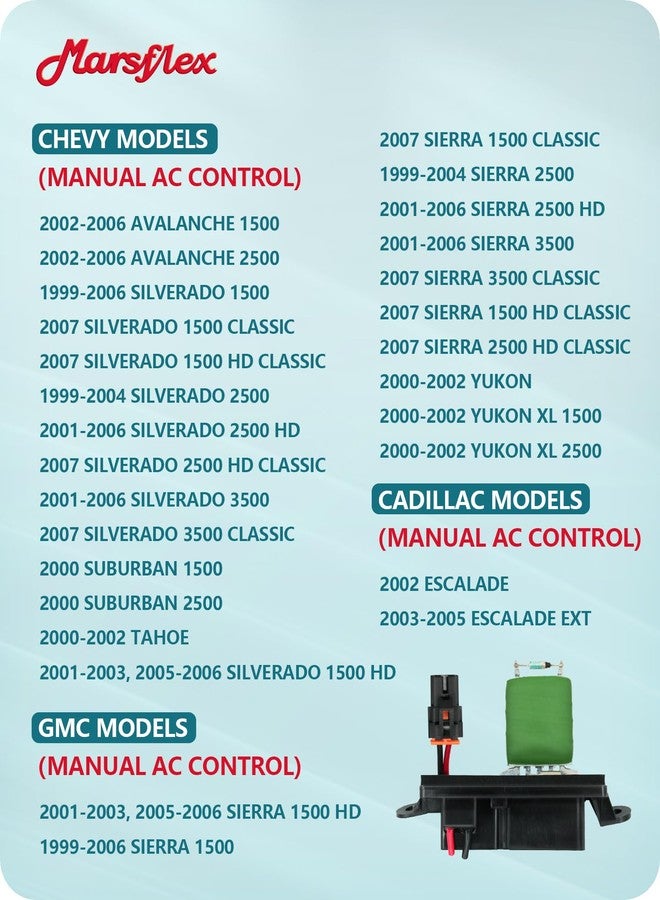 Marsflex Blower Motor Resistor 22807122 1999 2000 2001 2002 2003 2004 2005 2006 for Chevy Avalanche Silverado Suburban Tahoe, for GMC Sierra Yukon, OE: 973-409 89019089 15-81087 Manual AC Control - Image 3