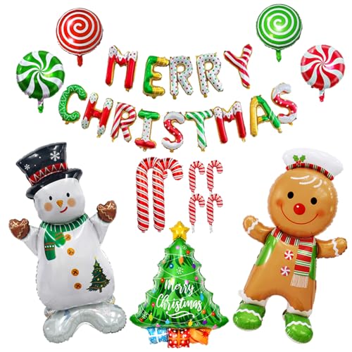 AobkDeco Christmas Foil BalloonsMerry Christmas Balloon Banner48in Giant Standing Snowman and Gingerbread man Foil Balloon Candy Cane Christmas Tree Balloons For Xmas Party Decorations - Image 1