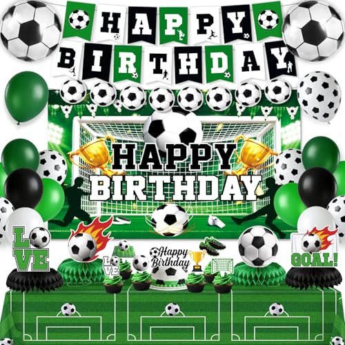 REDWORD Soccer Birthday Party Decorations 44Pcs Soccer Party Decorations Included Foil Latex Balloons Happy Birthday Backdrop Tablecloth Cake Toppers Honeycomb Centerpieces for Boys Soccer Party Supplies - Image 1