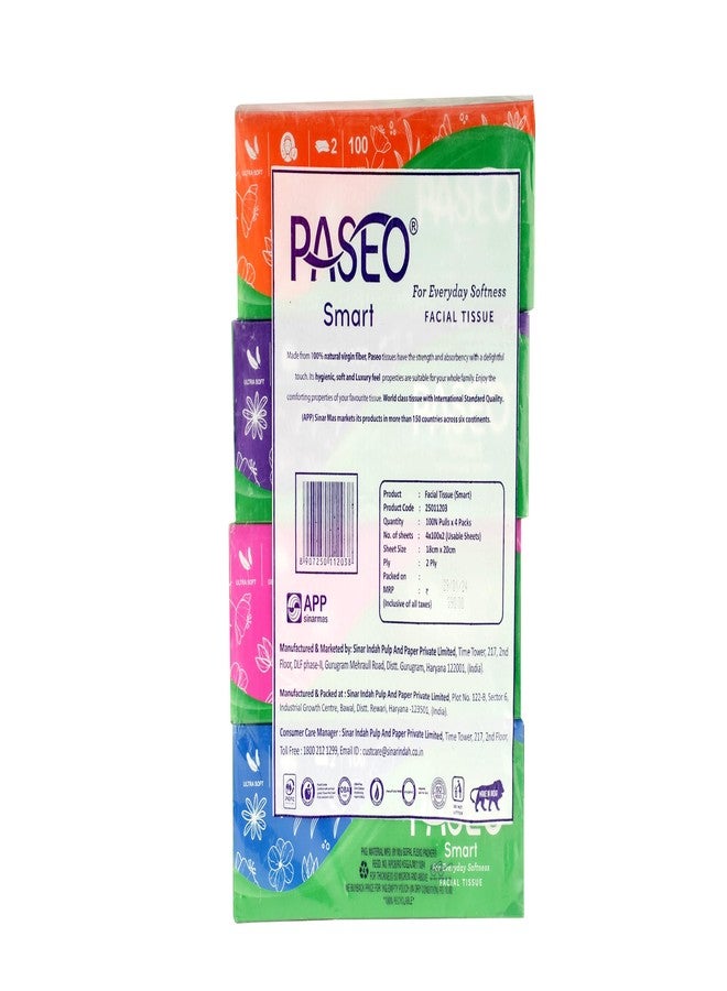 PASEO Smart 2 Ply Facial Tissue Box | Packf of 4, 100 Pulls, 800 Sheets | Ultra Soft And Highly Absorbent | 100% Virgin & OBA Free | Car Tissue, Home, Bathroom & Office Use - Image 2