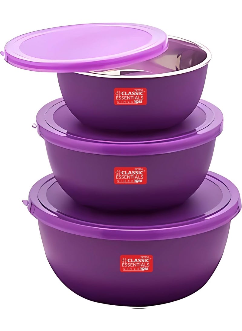 Classic Essentials CLASSIC ESSENTIALS Stainless Steel Microwave Safe Mixing Bowls Set with Lid Food Serving and Storage Containers for You Modern Kitchen CEMSB3Purple  - Image 1