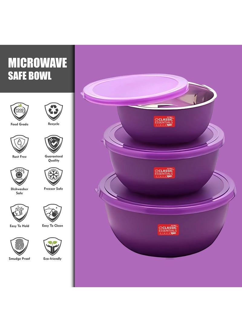 Classic Essentials CLASSIC ESSENTIALS Stainless Steel Microwave Safe Mixing Bowls Set with Lid Food Serving and Storage Containers for You Modern Kitchen CEMSB3Purple  - Image 5