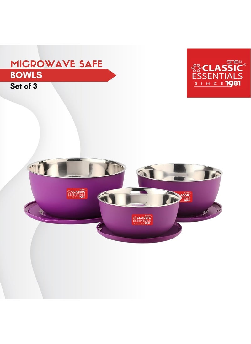Classic Essentials CLASSIC ESSENTIALS Stainless Steel Microwave Safe Mixing Bowls Set with Lid Food Serving and Storage Containers for You Modern Kitchen CEMSB3Purple  - Image 2