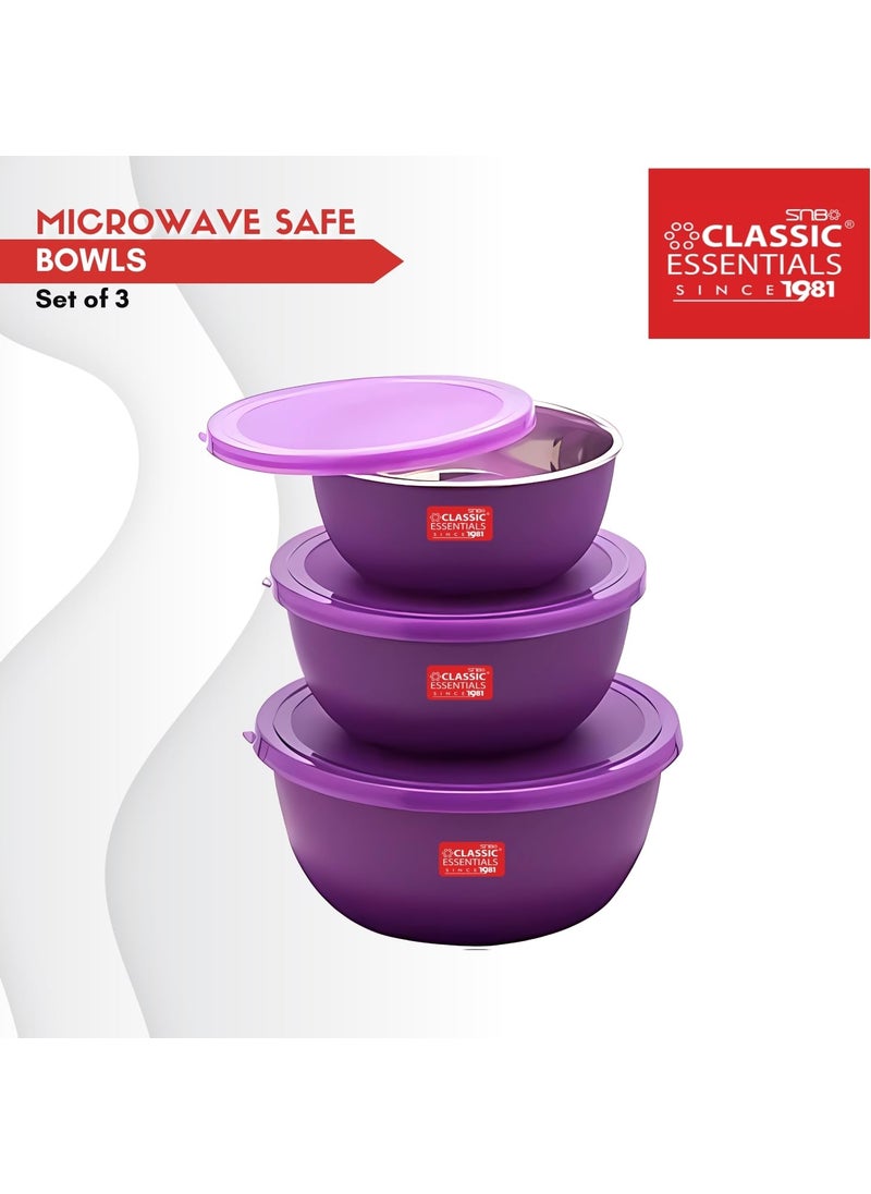Classic Essentials CLASSIC ESSENTIALS Stainless Steel Microwave Safe Mixing Bowls Set with Lid Food Serving and Storage Containers for You Modern Kitchen CEMSB3Purple  - Image 4