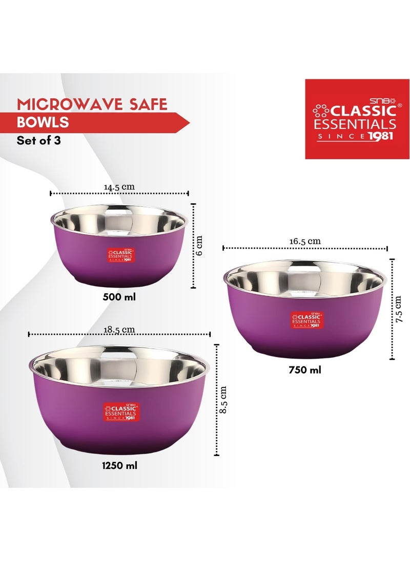 Classic Essentials CLASSIC ESSENTIALS Stainless Steel Microwave Safe Mixing Bowls Set with Lid Food Serving and Storage Containers for You Modern Kitchen CEMSB3Purple  - Image 3